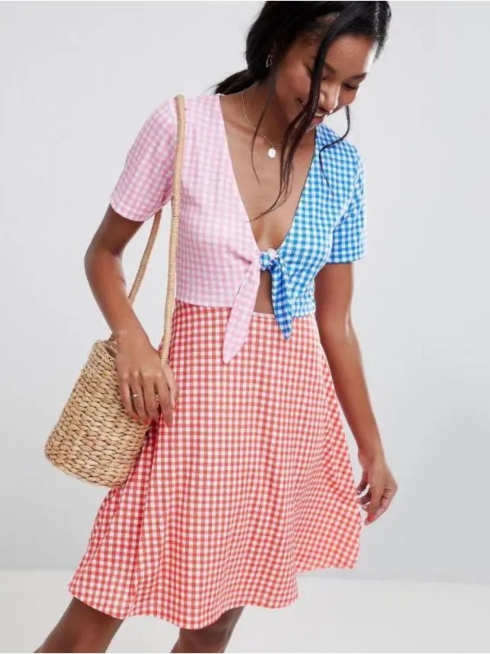 ASOS Gingham Tie-Front Dress in Pink & Blue